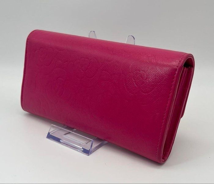 CHANEL Camellia Long Wallet Pink Lambskin with Box &amp; Card