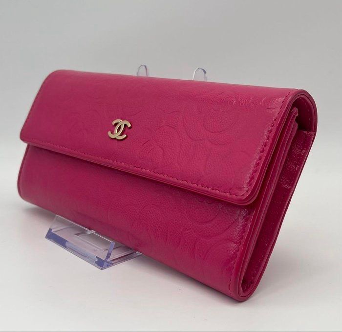 CHANEL Camellia Long Wallet Pink Lambskin with Box &amp; Card