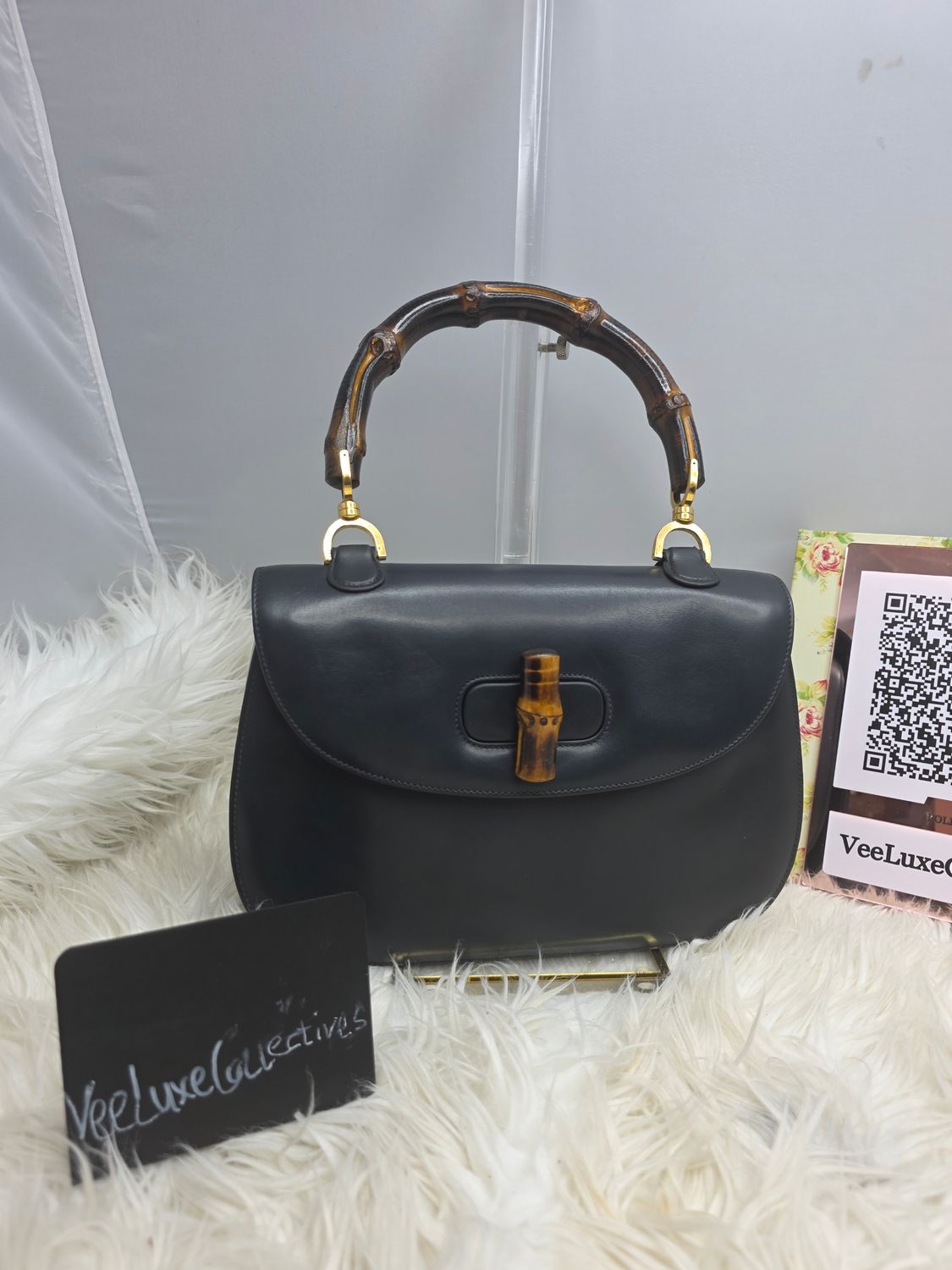 Gucci 1947 Leather top handle Bamboo Handbag Black