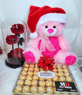 RED ROSES IN DOME WITH TEDDY AND CHOCOLATES
