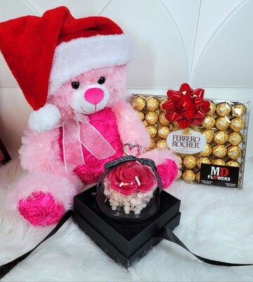 PINK ROSE WITH PINK TEDDY AND CHOCOLATES