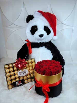PANDA TEDDY WITH ROSES AND CHOCOLATES