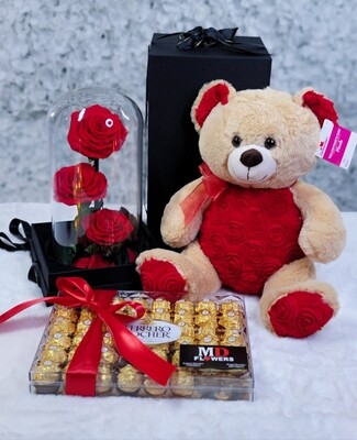 3 ROSES IN DOME TEDDY BEAR AND CHOCOLATES