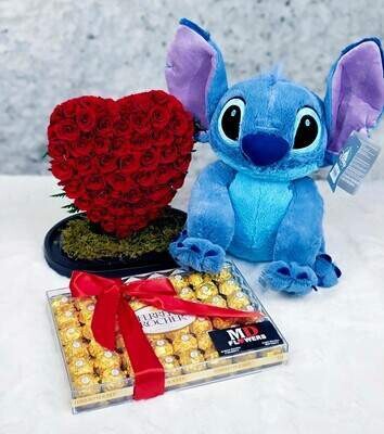 STITCH SET WITH ROSES HEART IN DOME AND FERRERO CHOCOLATES