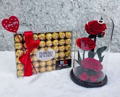 3 ROSES IN DOME AND CHOCOLATES