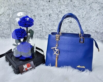 3 BLUE ROSES AND BAG