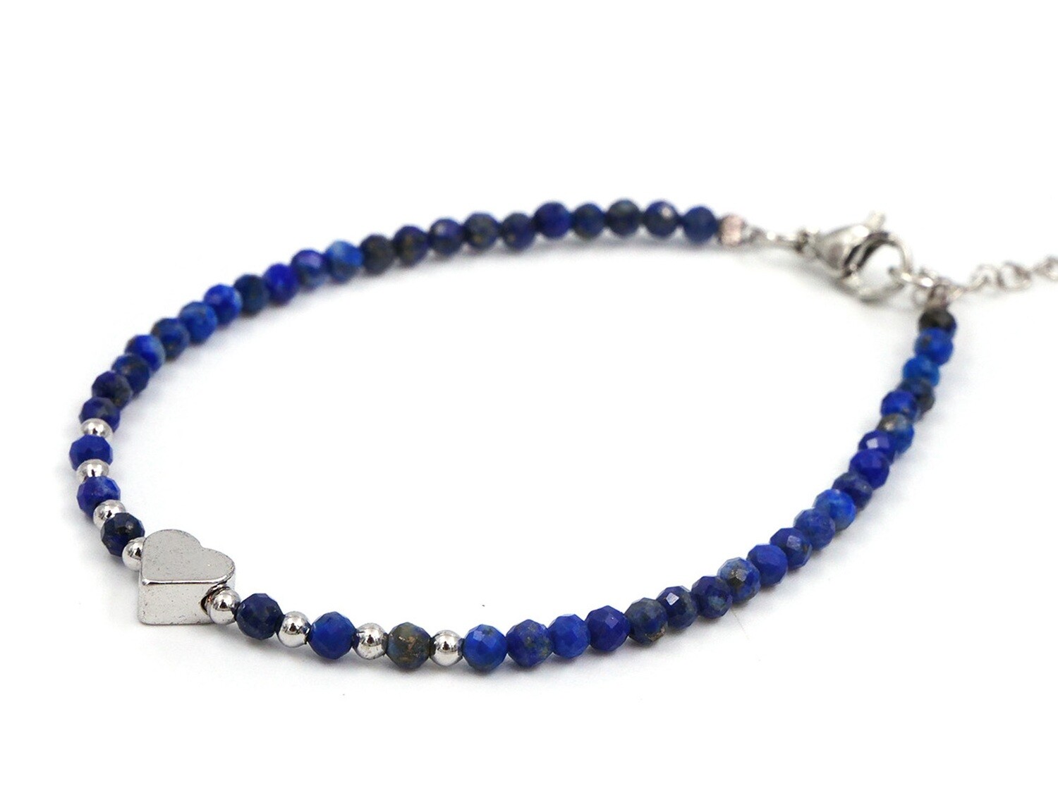 Lapis Lazuli Bracelet - 3mm faceted with heart and chain