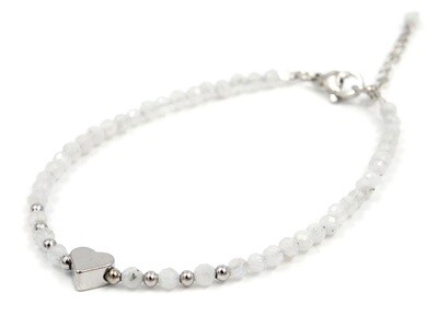 White &quot;Moonstone&quot; Labradorite Bracelet - 3mm faceted with heart and chain