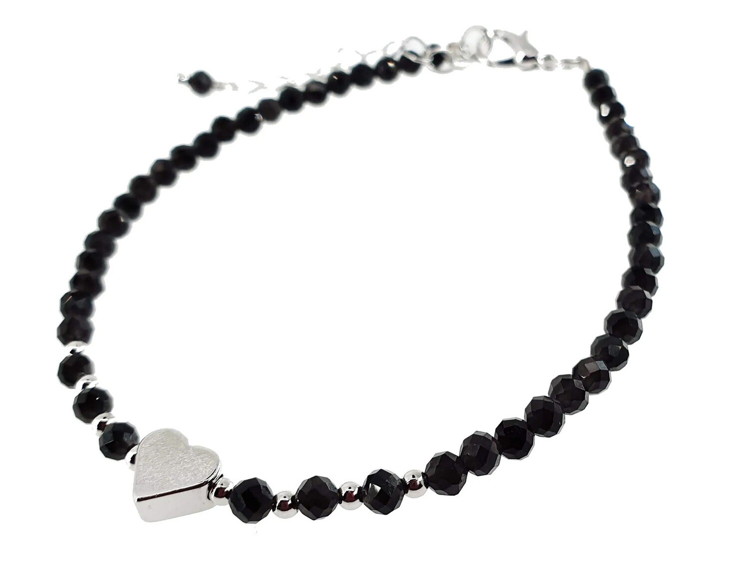 Obsidian Bracelet - 3mm faceted with heart and chain
