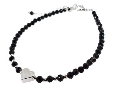 Obsidian Bracelet - 3mm faceted with heart and chain