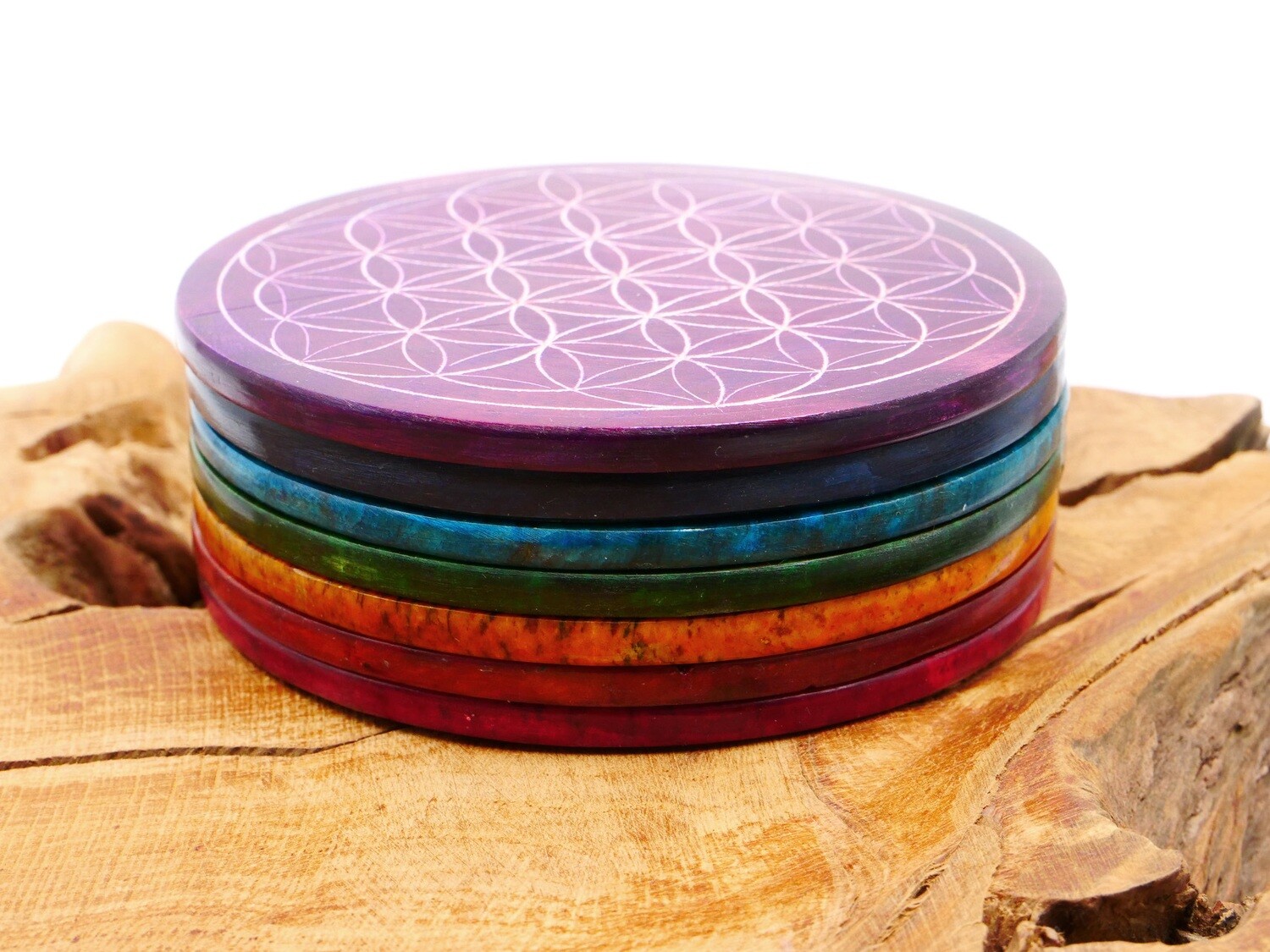 Set of 7 Chakra Coasters with Flower of Life in Soapstone