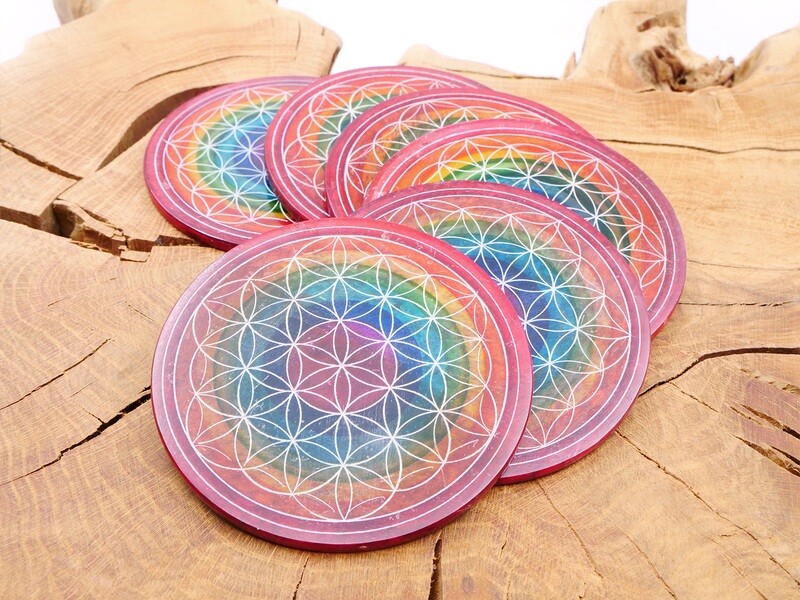 Set of 6 Chakra Coasters with Flower of Life in Soapstone