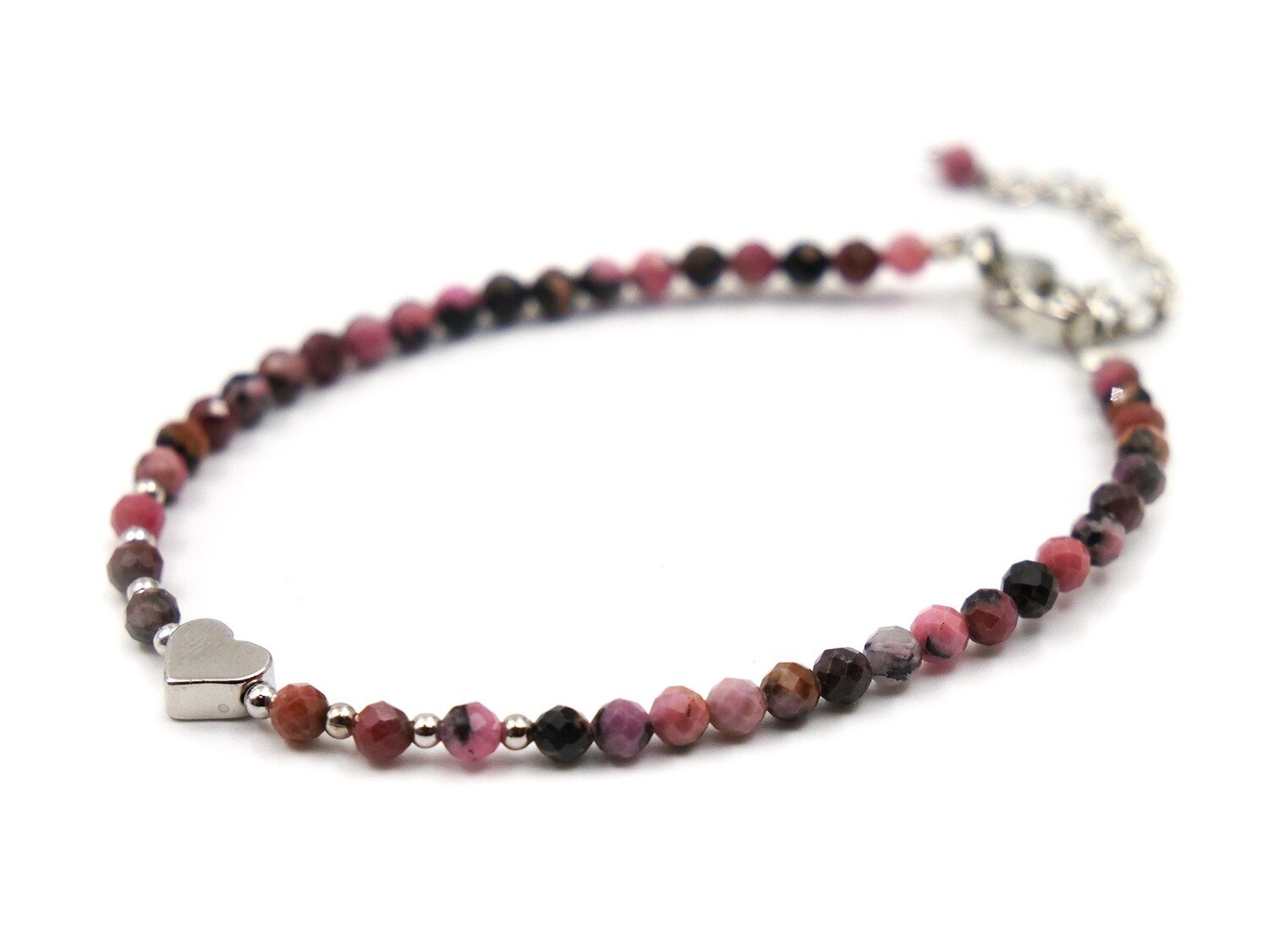 Rhodonite Bracelet - 3mm faceted with heart and chain