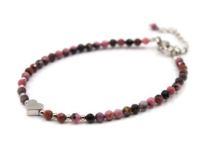 Rhodonite Bracelet - 3mm faceted with heart and chain