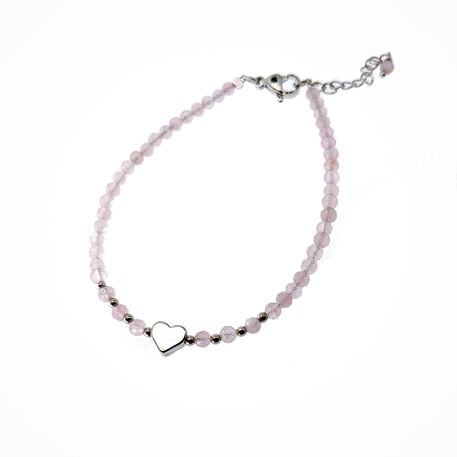 Pink Quartz Bracelet - 3mm faceted with heart and chain