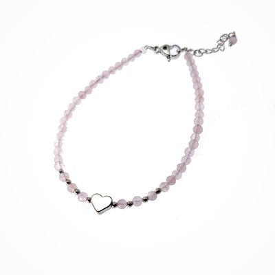 Pink Quartz Bracelet - 3mm faceted with heart and chain