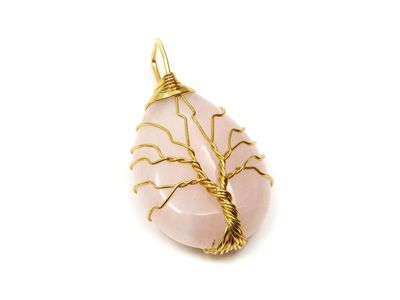 Quartz rose - Pendentif arbre de vie doré