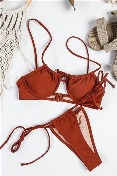 Rust Saint Croix Underwire Top Adjustable Ties Thong Bikini Swimwear 2 Piece Set