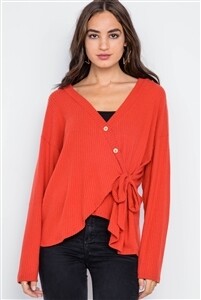 Front-Tie Ribbed Surplice Neck Sweater