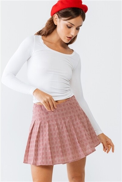 Red & White Plaid Pleated Cotton High Waist Mini Skirt