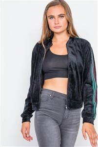 Black Velvet Zip-Up Sporty Long Sleeve Jacket