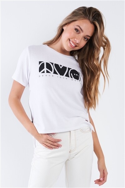 White Short Sleeve "Peace Love World" Graphic Crew Neck Side Zipper Top