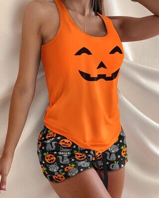 Halloween Pumpkin Cat Print Drawstring Pajamas Set
