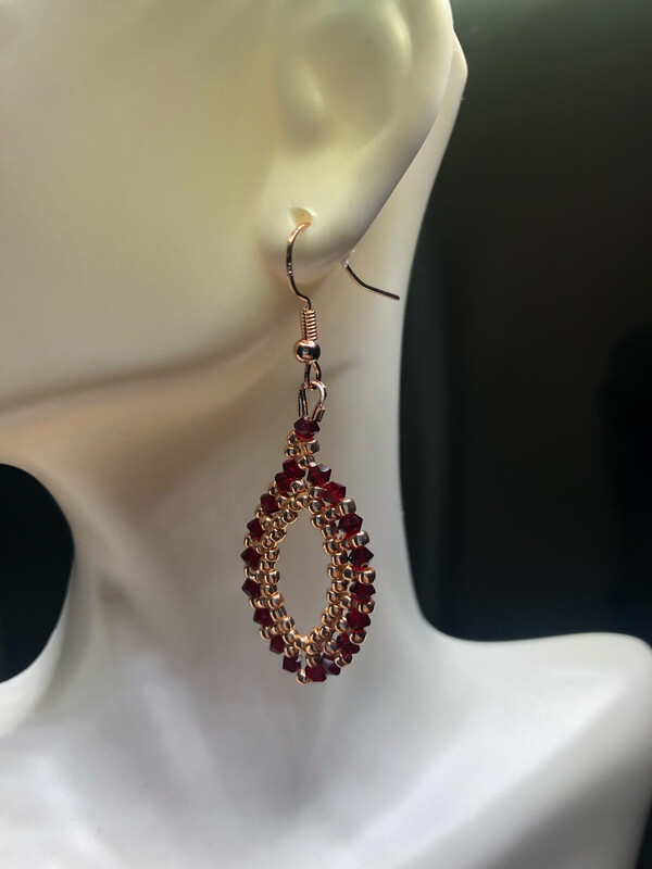 Garnet Colored Swarovski Crystal And Rose Gold Seed Bead Dangle Earrings