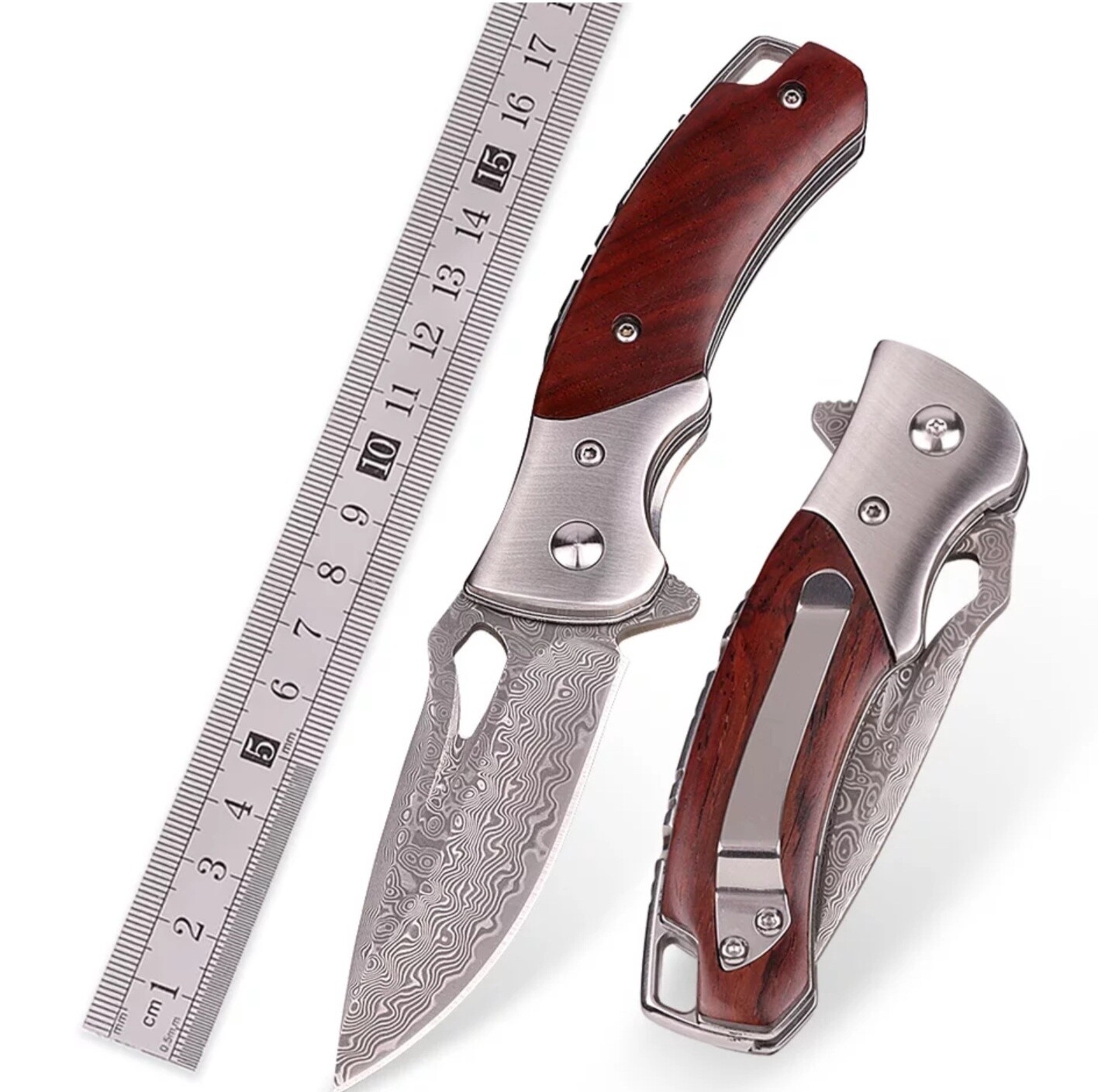 Damascusus Folder with tooled Sheath 2
