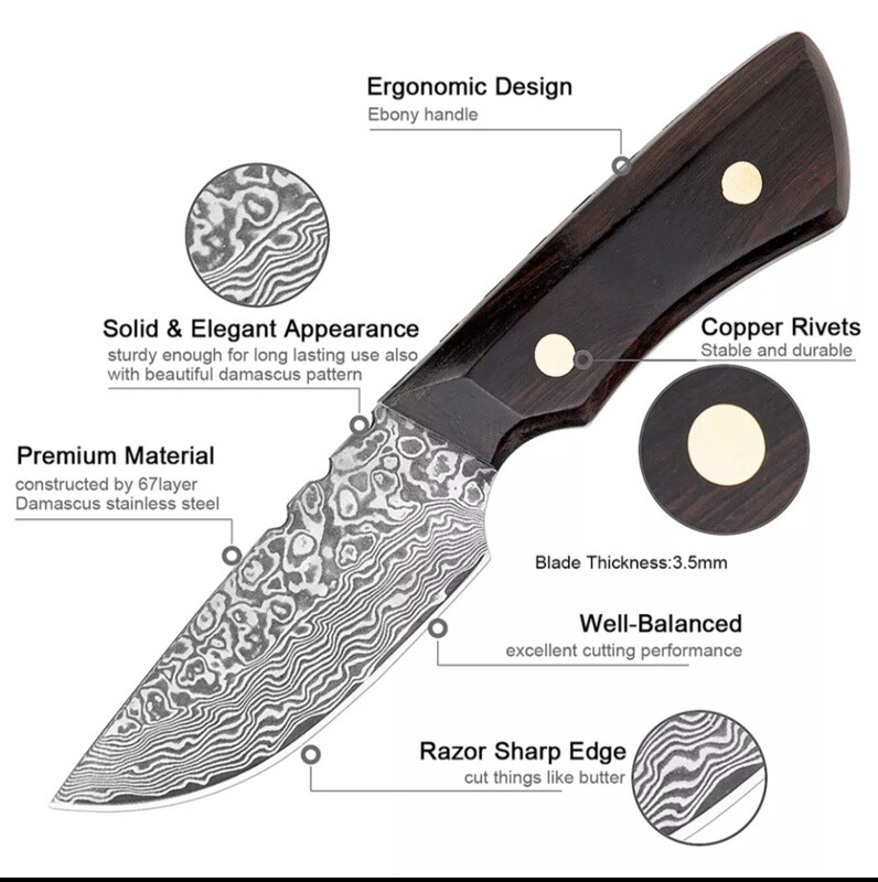 Small Damascus utility Ebony knife