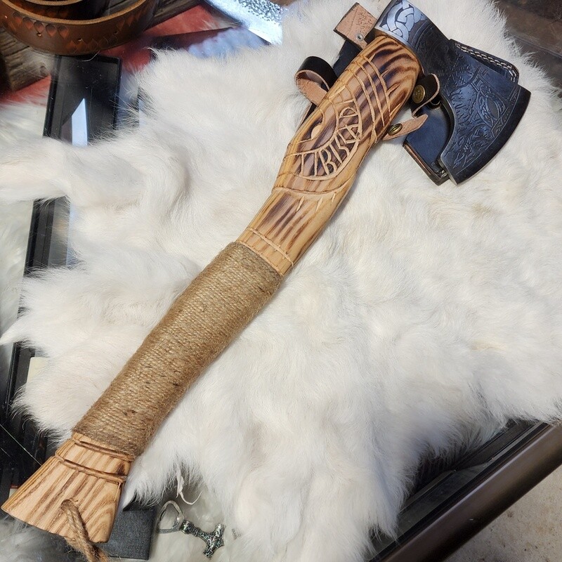 Hand carved engraved Viking axe