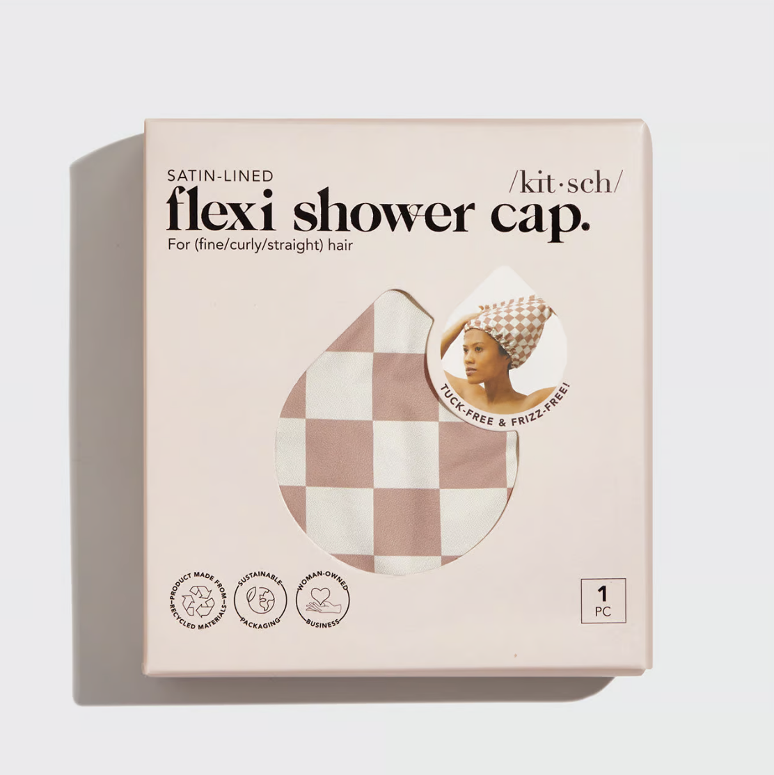 kitsch Satin-Lined Flexi Shower Cap- Terracotta Checker
