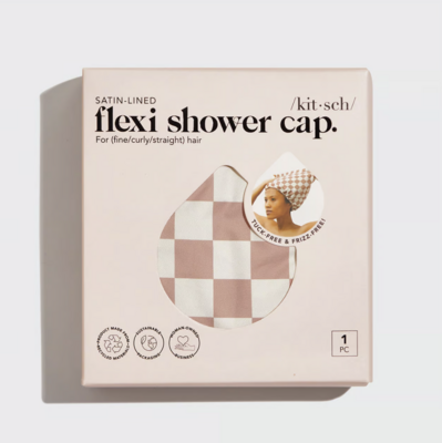 KITSCH Satin-Lined Flexi Shower Cap- Terracotta Checker