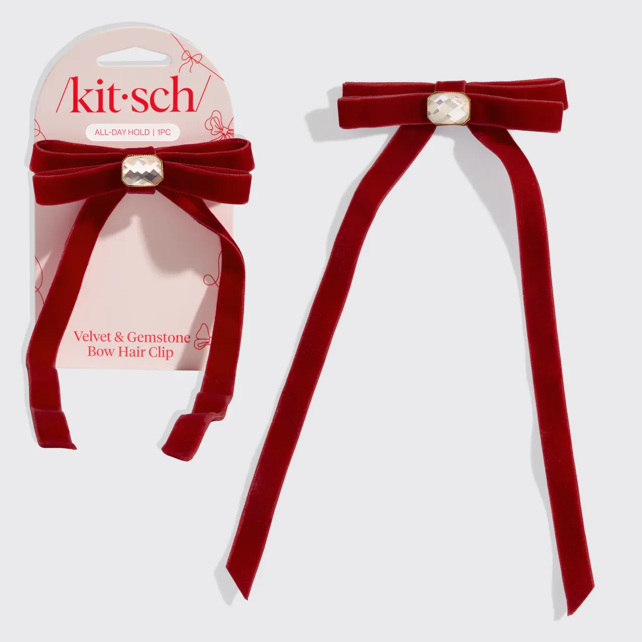 kitsch Velvet &amp; Gemstone Bow Hair Clip