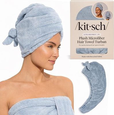 kitsch Plush Microfiber Hair Towel Turban With Bow- Coastal Blue