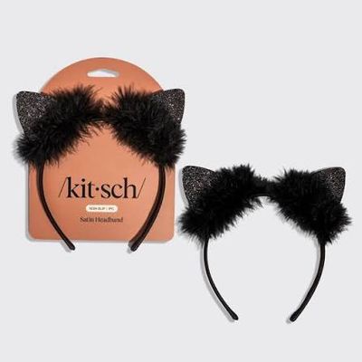 kitsch Satin Cat Ears Headband- Black Glitter