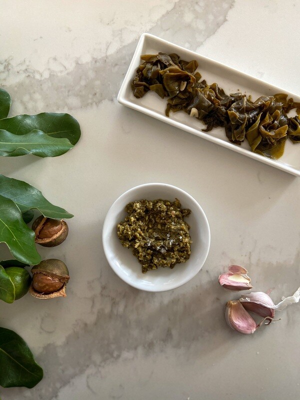 Pickled Warrigal Greens & Macadamia Nut Pesto