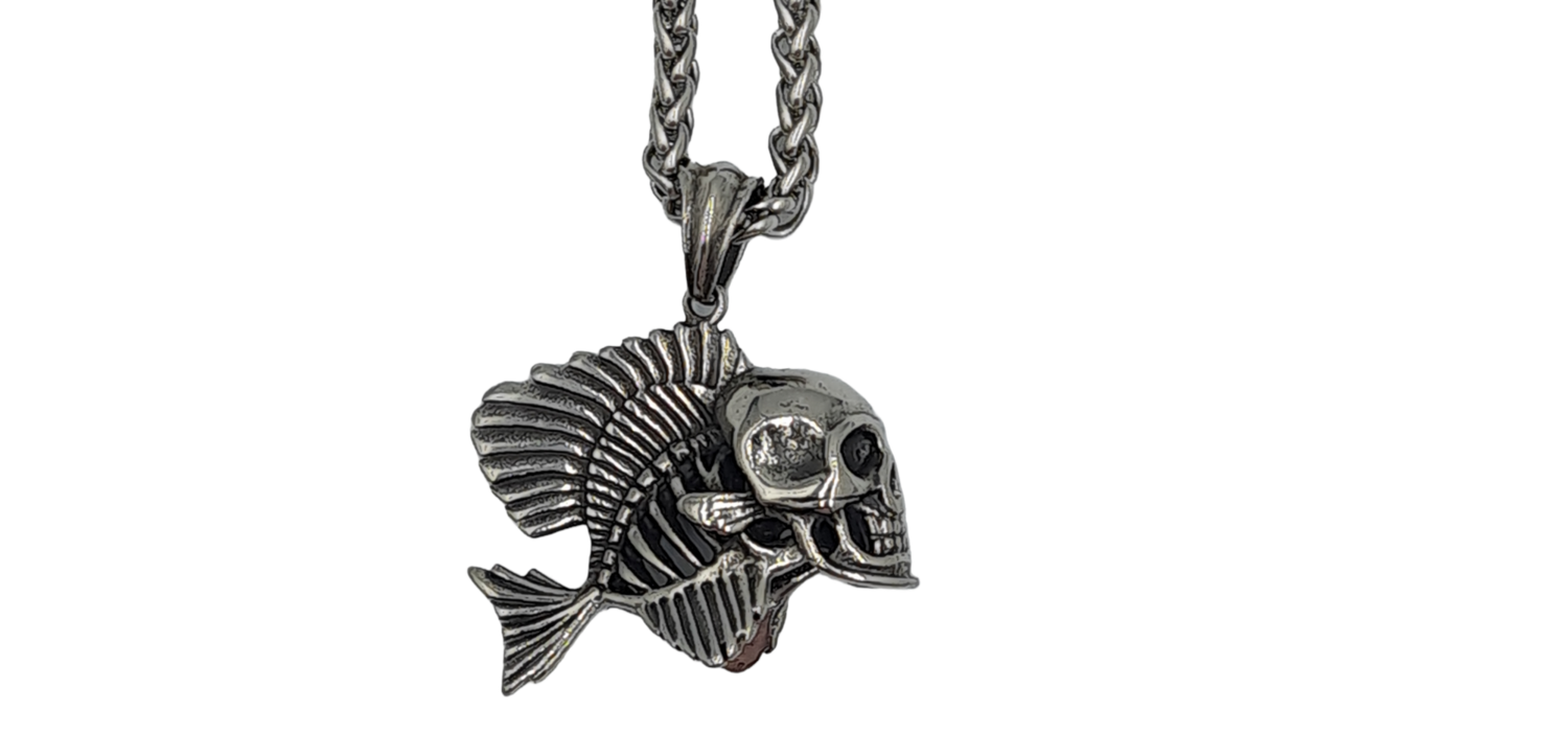 Pendentif tête de mort poisson acier inoxydable 316L