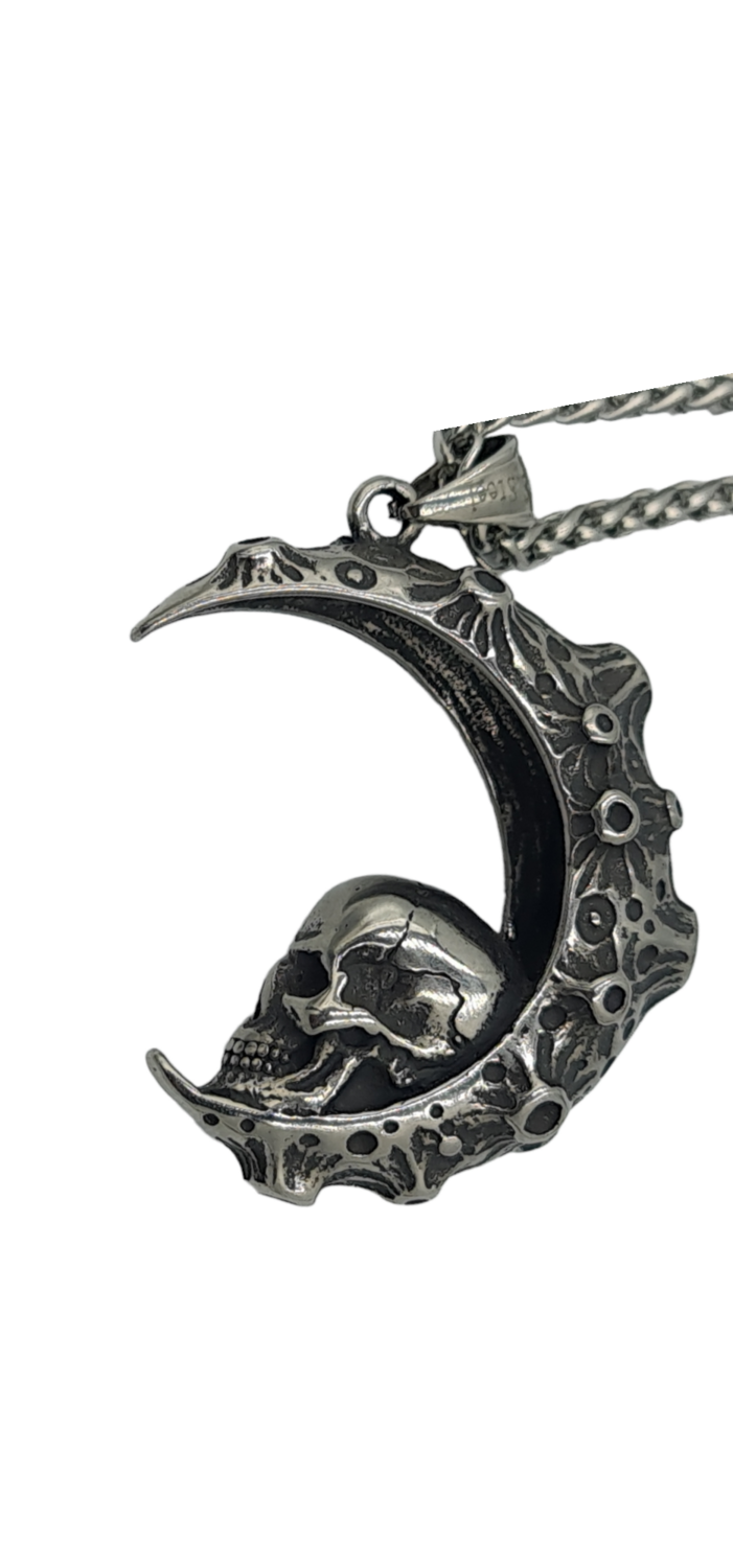 Pendentif croissant de lune tête de mort acier inoxydable 316L