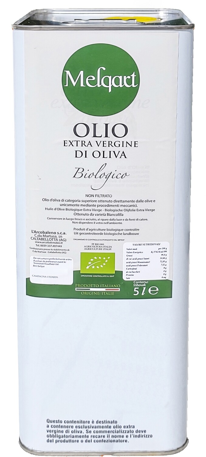 Olio &quot;MELQART&quot;  olio extravergine di oliva - BIOLOGICO - 100% Siciliano 2024-2025 in latta da litri 5