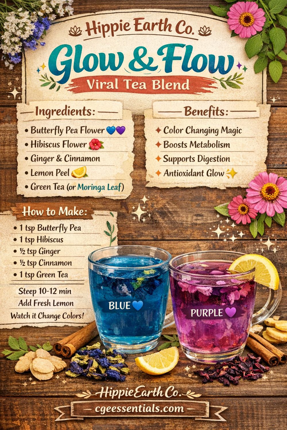 ​🌿 Glow &amp; Flow™ Color-Changing Herbal Tea  By Hippie Earth Co