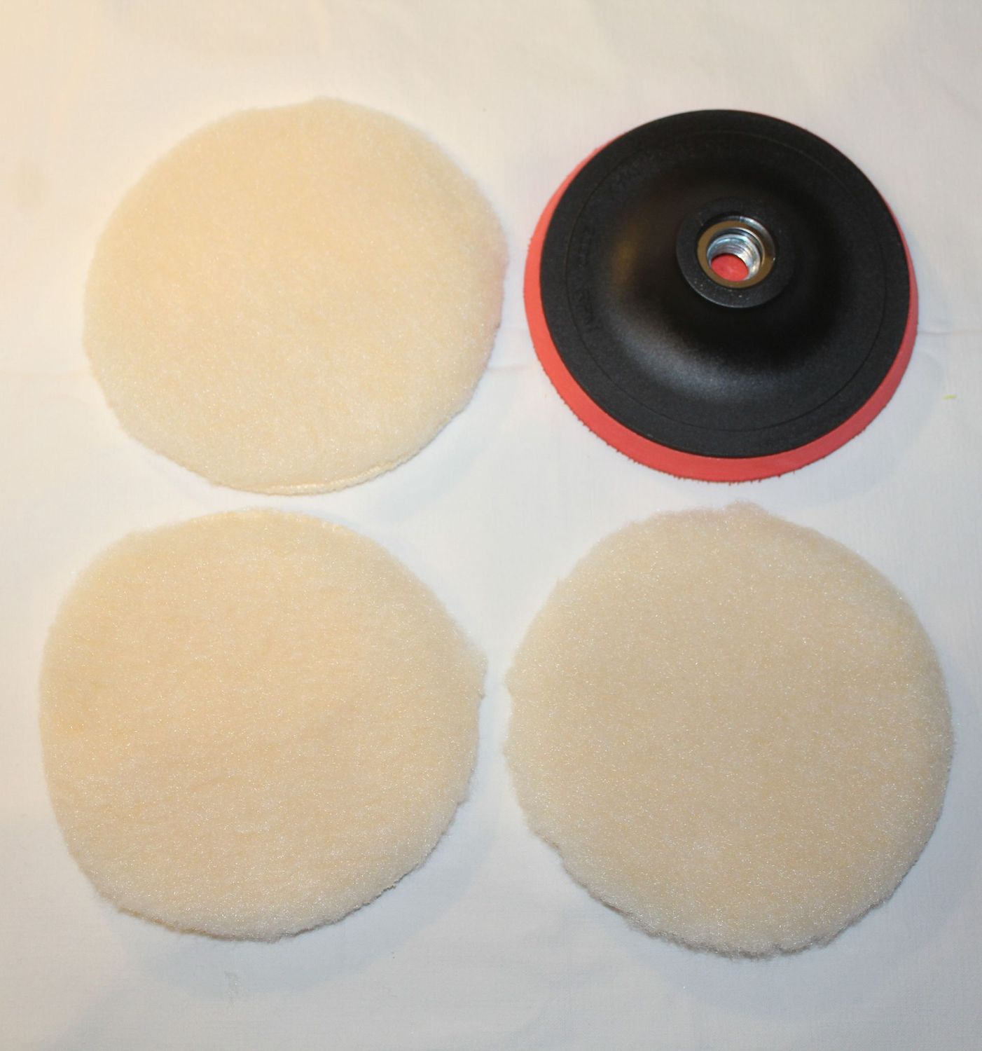 3 Polierscheibe mit Klett Lammfell Polierpad 3x Ø 125mm + Klett-Stützteller Set mit Spanndorn