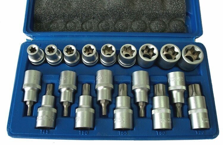 Steckschlüsselsatz + Bits 19tlg. T20-70 E10-24 1/2 Steckschlüsselsatz + Bits 19tlg. T20-70 E10-24 1/2" CRV Bits Stecknüsse