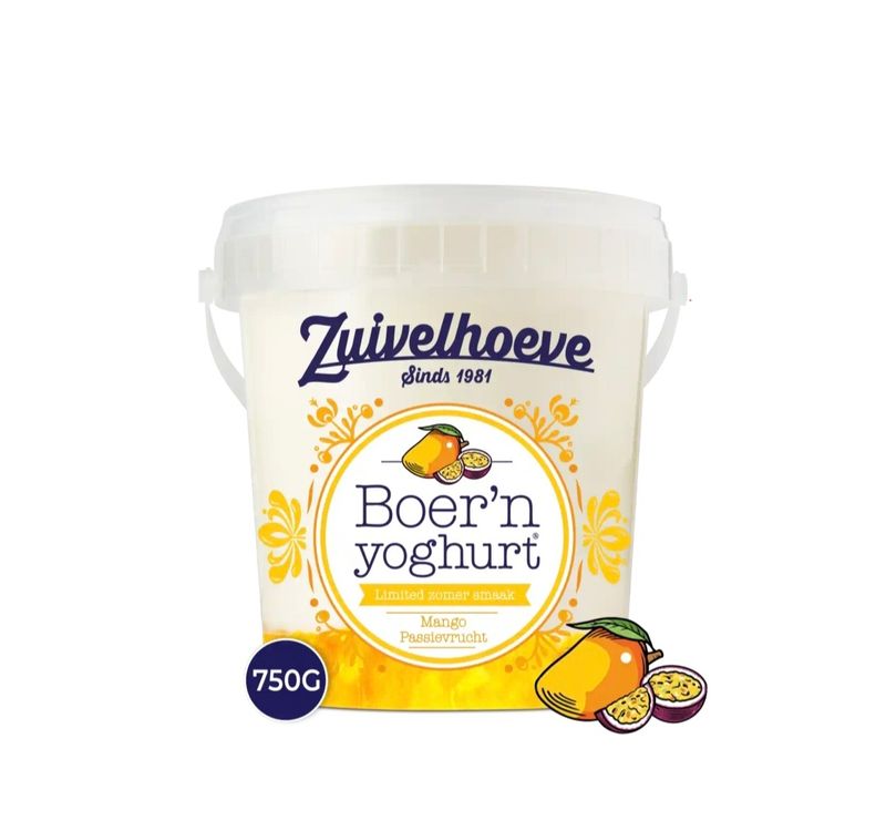 Zuivelhoeve yoghurt mango passievrucht 750gr tht14/10
