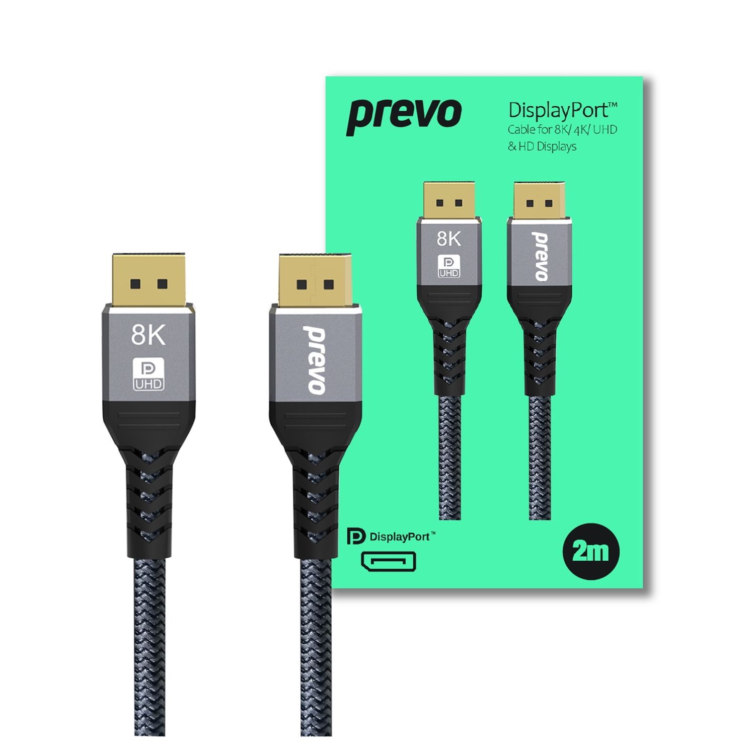 ​Prevo DP14-2M DisplayPort 1.4 M/M 2m, Black &amp; Grey Gold-Plated Connectors