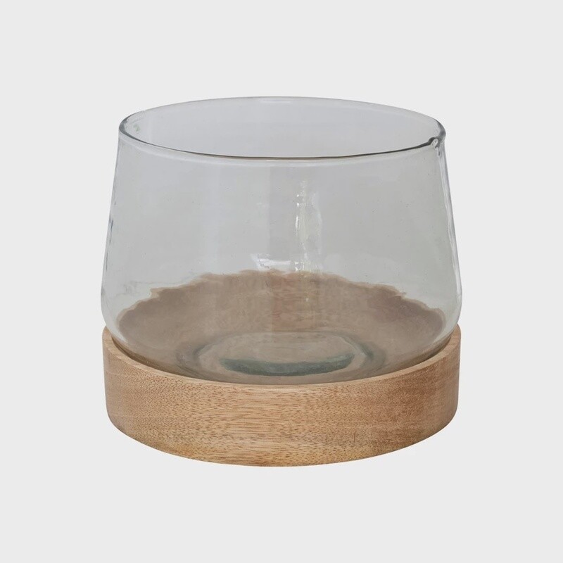 Hurricane Vase w/ Mango Wood Base, Set of 2
