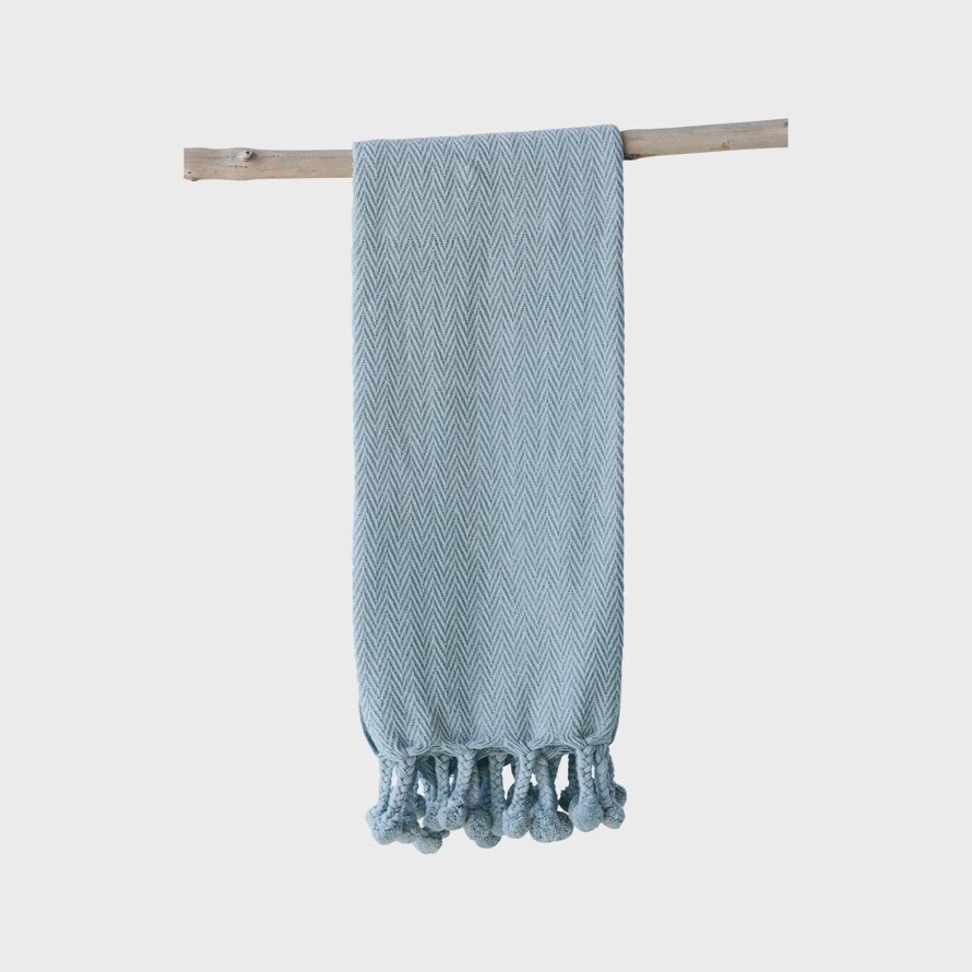 Cotton Throw w/ Pom Poms, Colour: Aqua