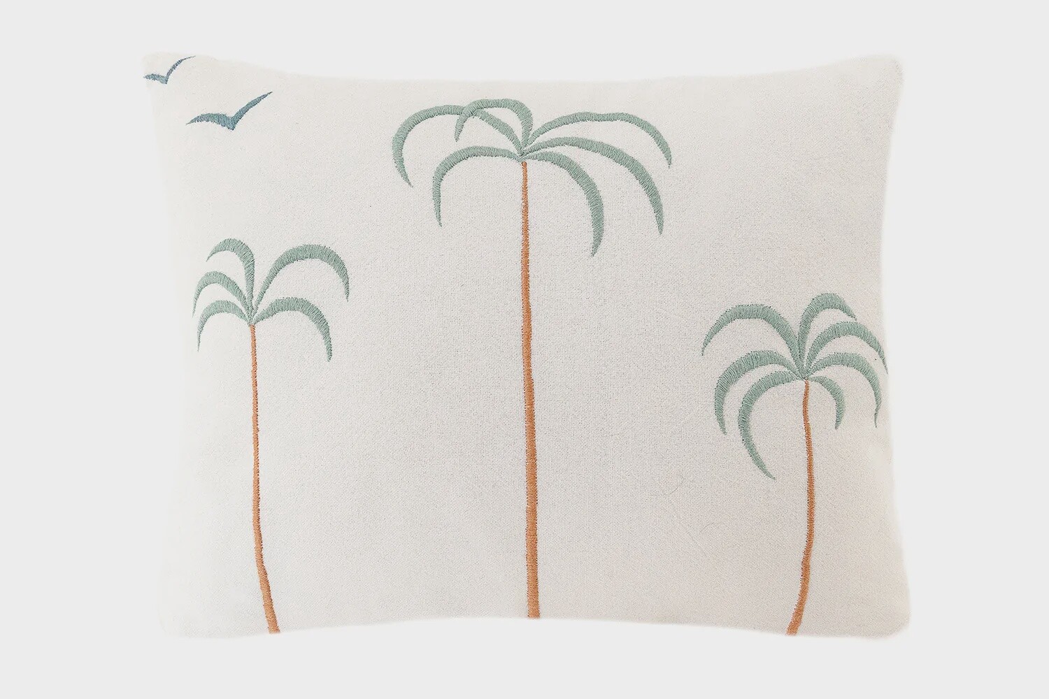 Hand Embroidered Cotton Pillow, Colour: Palm Trees & Birds