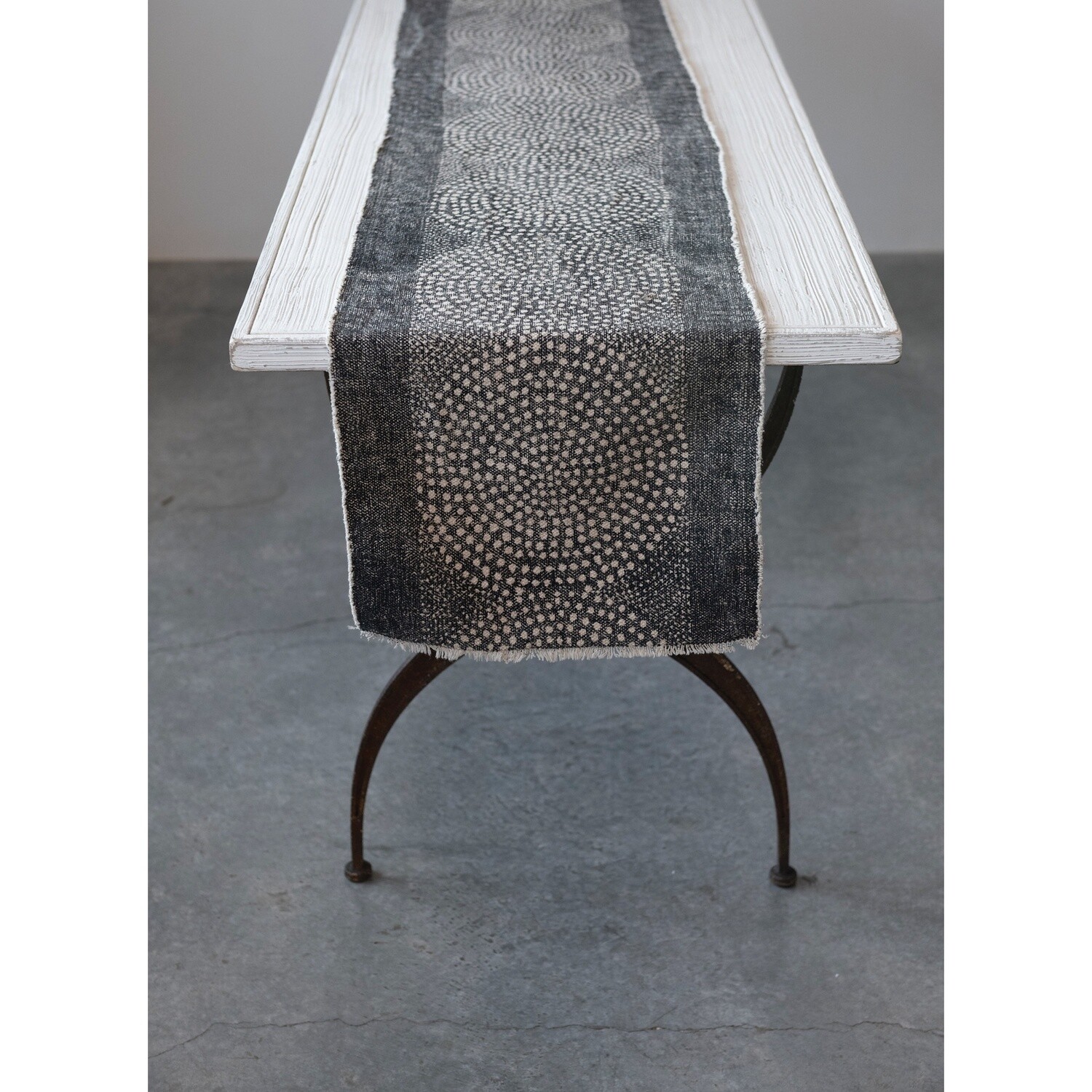 Stonewash Cotton Table Runner / Black Dot with Frayed Edges