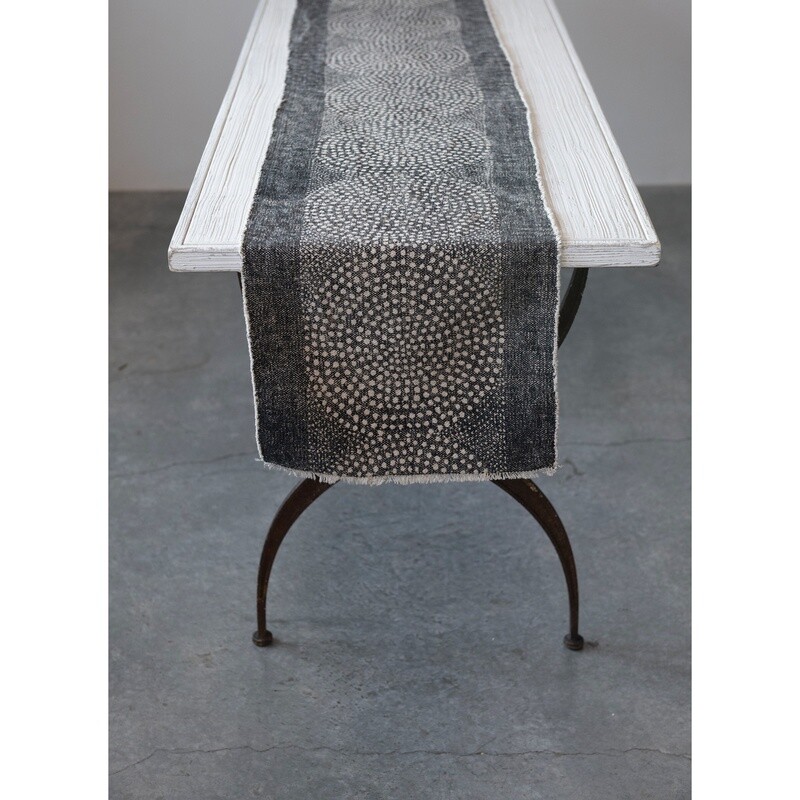 Stonewash Cotton Table Runner / Black Dot with Frayed Edges